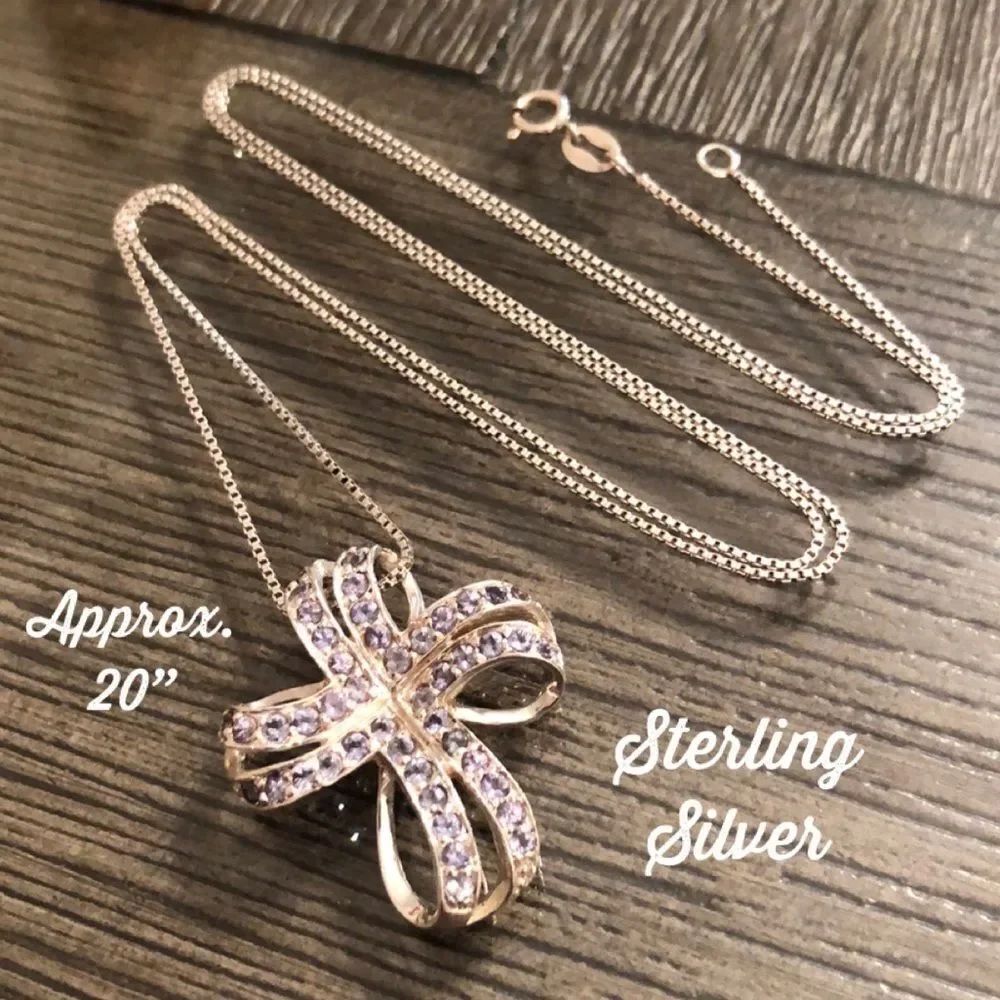 Vintage Loopy Bow Cross Necklace with Pale Purple Stones Sterling Silver